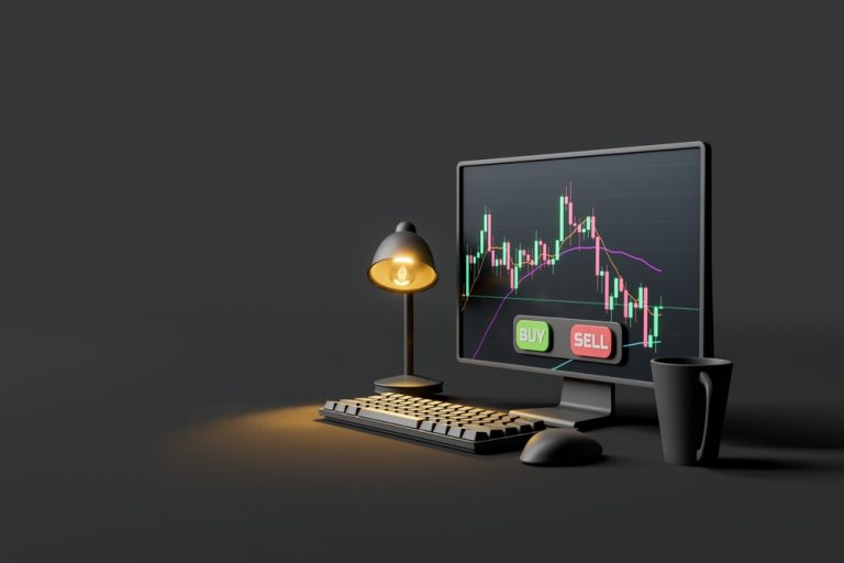 Dark,Minimalist,Desk,With,Computer,Screen,With,Candlestick,Chart,And